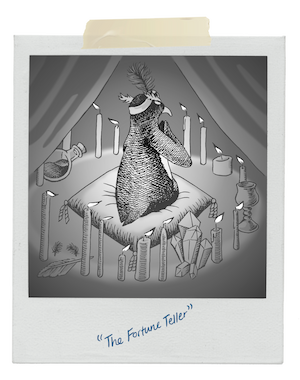 Drawing of a photograph of a penguin meditating in a circle of candles and other curios, labeled as 'The Fortune Teller'.