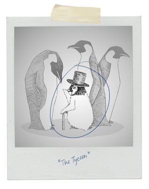 Drawing of a photograph of a juvenile penguin with a top hat and cane, labeled as 'The Tycoon'.